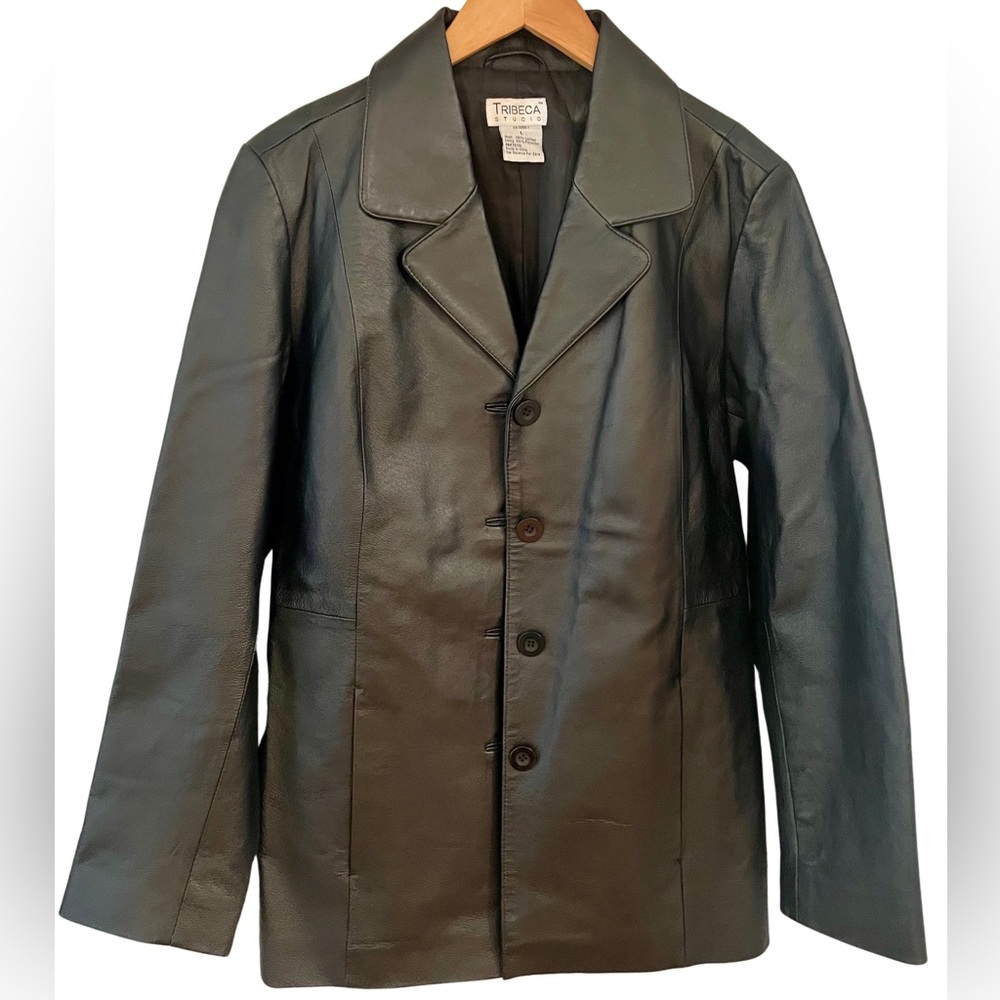 Vintage Tribeca Studios Black 100% Leather Blazer Jacket, size Large, Button Up